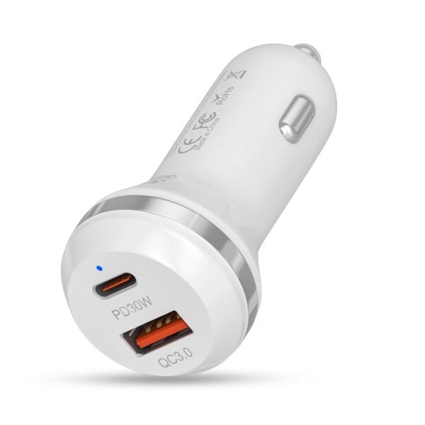Tempt 48W Electra Max Fast Car Charger with Dual Output (18W QC 3.0 + 30W PD Type-C) – Compatible with iPhone & Android, White