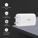 Tempt Alpha 65W Dual Port GaN Fast Charger (USB-C PD + QC 3.0) | Smart, Safe & Compact