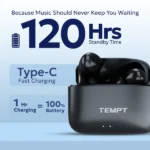 Tempt Wave Pro Earbuds – 72H Playback, 13mm Bass Drivers, Bluetooth v5.3, IPX6 Water Resistant, Type-C Fast Charging
