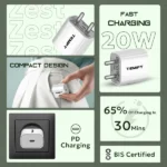 Zest 20W PD 3.0 Fast Charging Wall Adapter for iPhone & Android – Compact USB-C Charger with Multi-Layer Protection