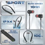 Tempt Sport Neckband – Wireless Bluetooth Earphones with 10mm Bass Drivers, 25H Playback, LED Lights & Type-C Fast Charging