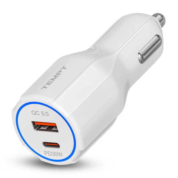 Tempt Thunderbolt 60W Car Charger | Dual Port USB & Type-C | Quick Charge Power Delivery (QCPD) | Fast Charging with Multi-Layer Protection