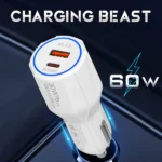 Tempt Thunderbolt 60W Car Charger | Dual Port USB & Type-C | Quick Charge Power Delivery (QCPD) | Fast Charging with Multi-Layer Protection
