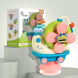 R for Rabbit Orapple Spinster 5-in-1 Suction Spinner Toy for Babies 6+ Months | BPA-Free Sensory Learning Toy | Rattle, Windmill, Friction Car | Blue Cream