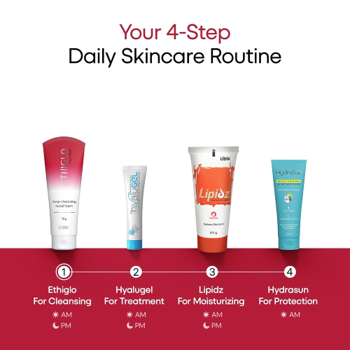 Ethiglo face wash Hyalugel Lipidz moisturizer and Hydrasun sunscreen