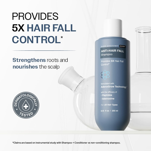 Bare Anatomy anti hair fall shampoo providing 5x hair fall control with peptides and adenosine for stronger healthier hair