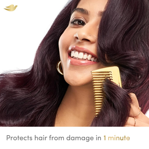 Woman with smooth shiny hair using comb showing hair protection from damage in one minute