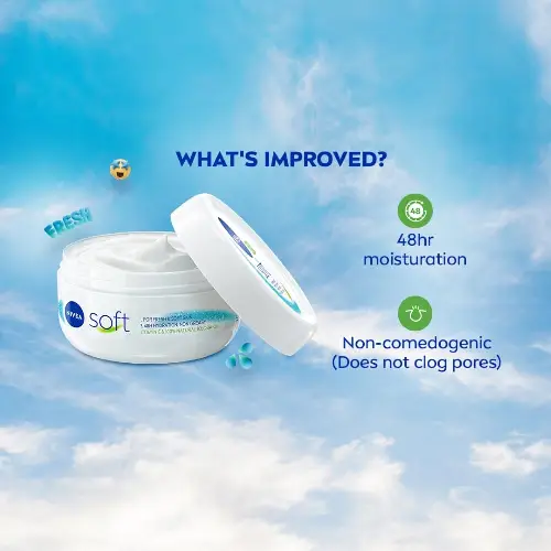 NIVEA Soft moisturizer cream jar showing 48hr hydration non comedogenic formula